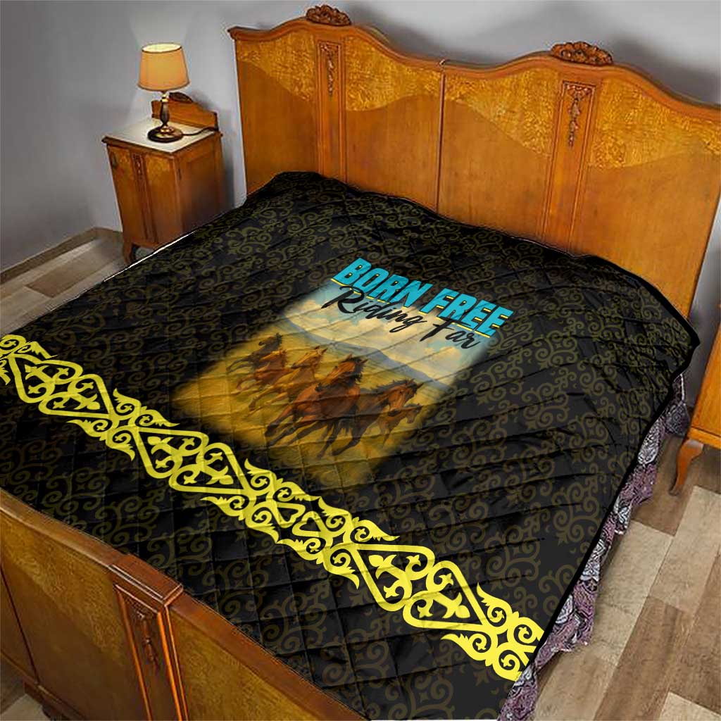 Kazakhstan Born Free Riding Far Quilt with Wild Horses and Gold Tribal Pattern on Black