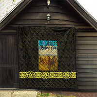 Kazakhstan Born Free Riding Far Quilt with Wild Horses and Gold Tribal Pattern on Black