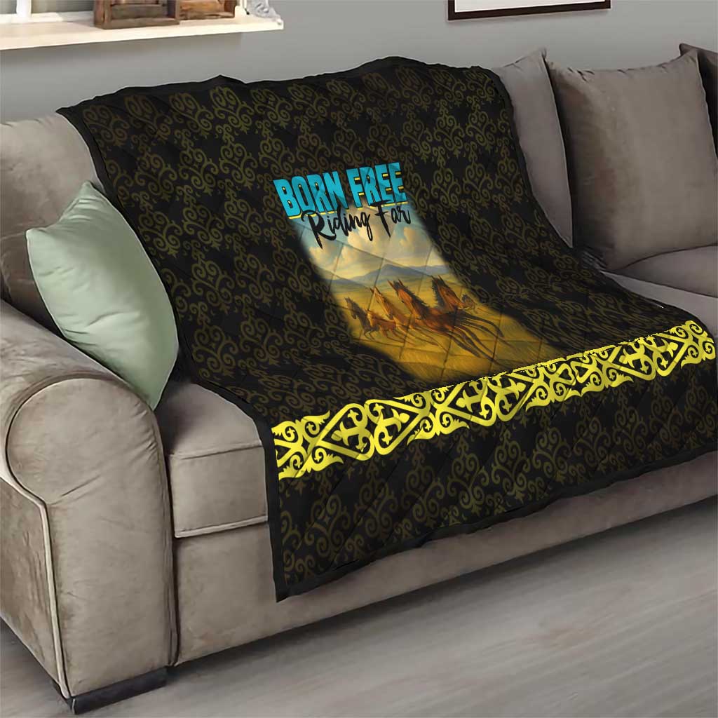 Kazakhstan Born Free Riding Far Quilt with Wild Horses and Gold Tribal Pattern on Black