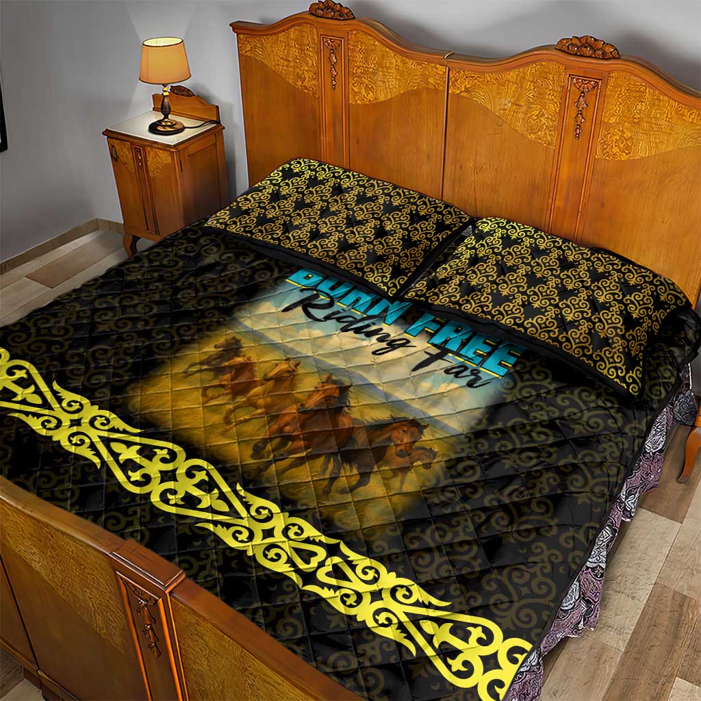 Kazakhstan Born Free Riding Far Quilt Bed Set with Wild Horses and Gold Tribal Pattern on Black