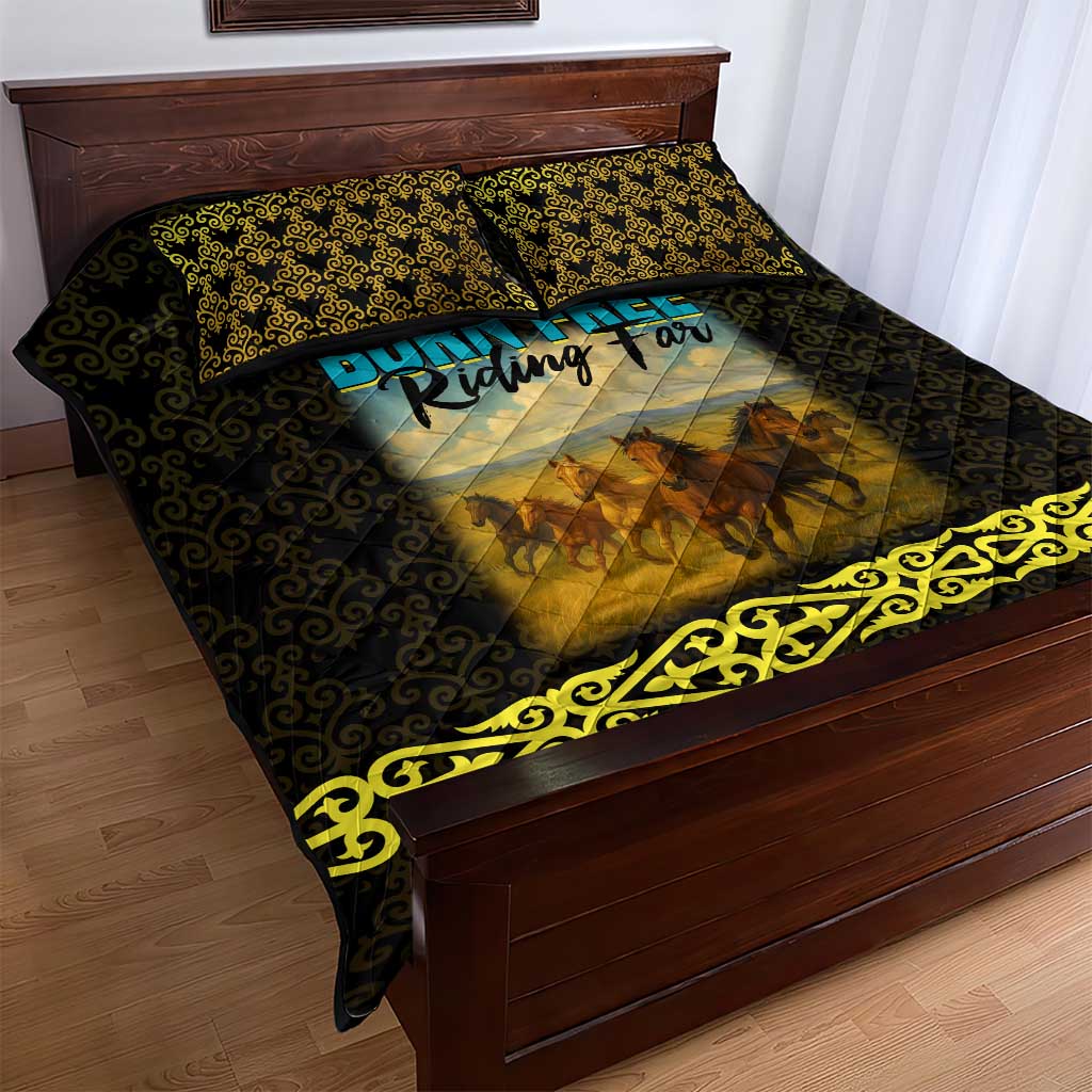 Kazakhstan Born Free Riding Far Quilt Bed Set with Wild Horses and Gold Tribal Pattern on Black
