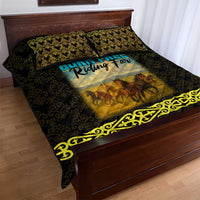 Kazakhstan Born Free Riding Far Quilt Bed Set with Wild Horses and Gold Tribal Pattern on Black