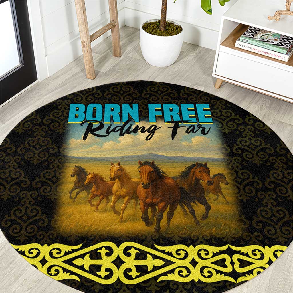 Kazakhstan Born Free Riding Far Round Carpet with Wild Horses and Gold Tribal Pattern on Black