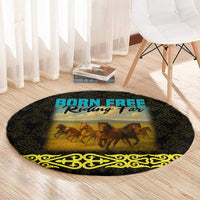 Kazakhstan Born Free Riding Far Round Carpet with Wild Horses and Gold Tribal Pattern on Black
