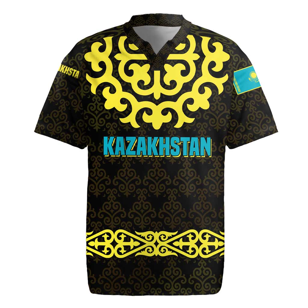 Kazakhstan Born Free Riding Far Rugby Jersey with Wild Horses and Gold Tribal Pattern on Black