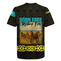 Kazakhstan Born Free Riding Far Rugby Jersey with Wild Horses and Gold Tribal Pattern on Black