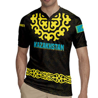 Kazakhstan Born Free Riding Far Rugby Jersey with Wild Horses and Gold Tribal Pattern on Black
