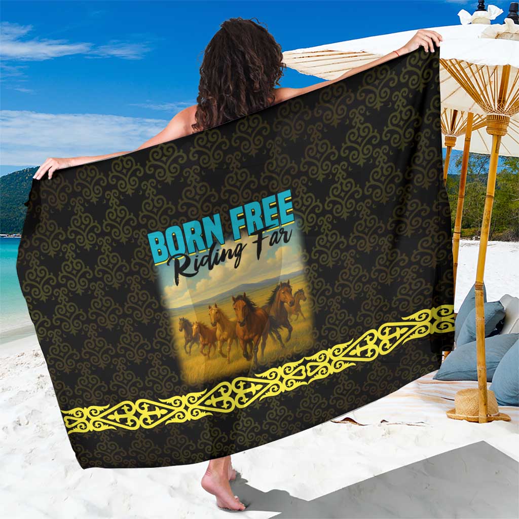 Kazakhstan Born Free Riding Far Sarong with Wild Horses and Gold Tribal Pattern on Black