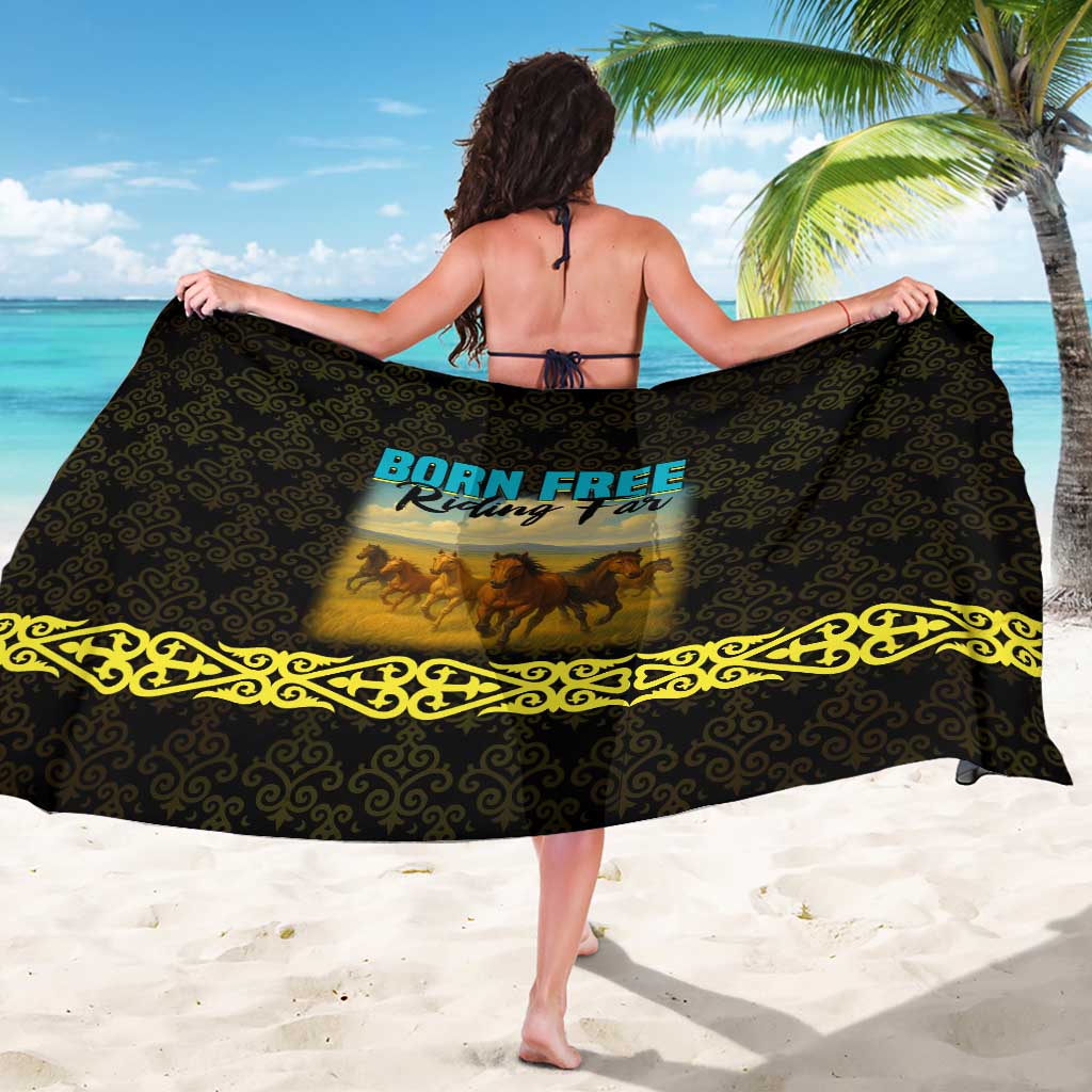 Kazakhstan Born Free Riding Far Sarong with Wild Horses and Gold Tribal Pattern on Black