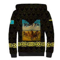Kazakhstan Born Free Riding Far Sherpa Hoodie with Wild Horses and Gold Tribal Pattern on Black
