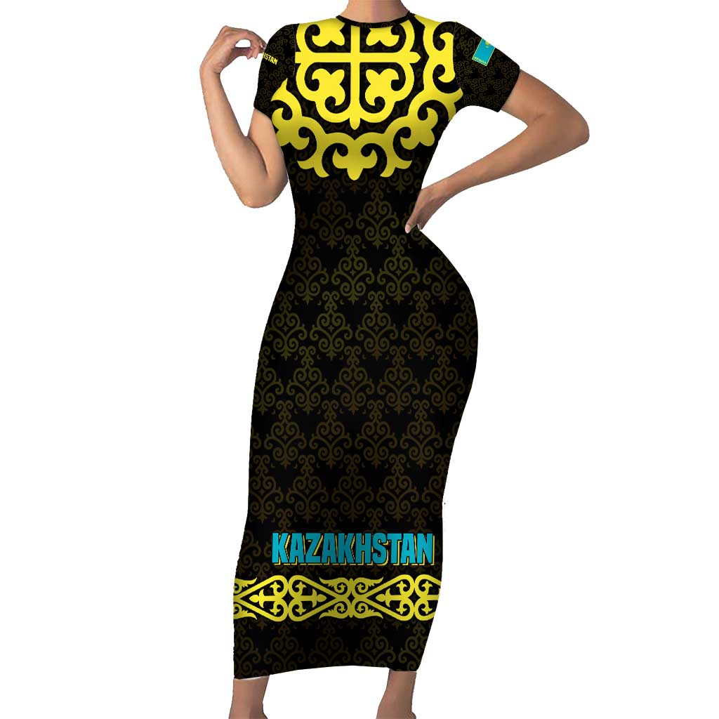 Kazakhstan Born Free Riding Far Short Sleeve Bodycon Dress with Wild Horses and Gold Tribal Pattern on Black
