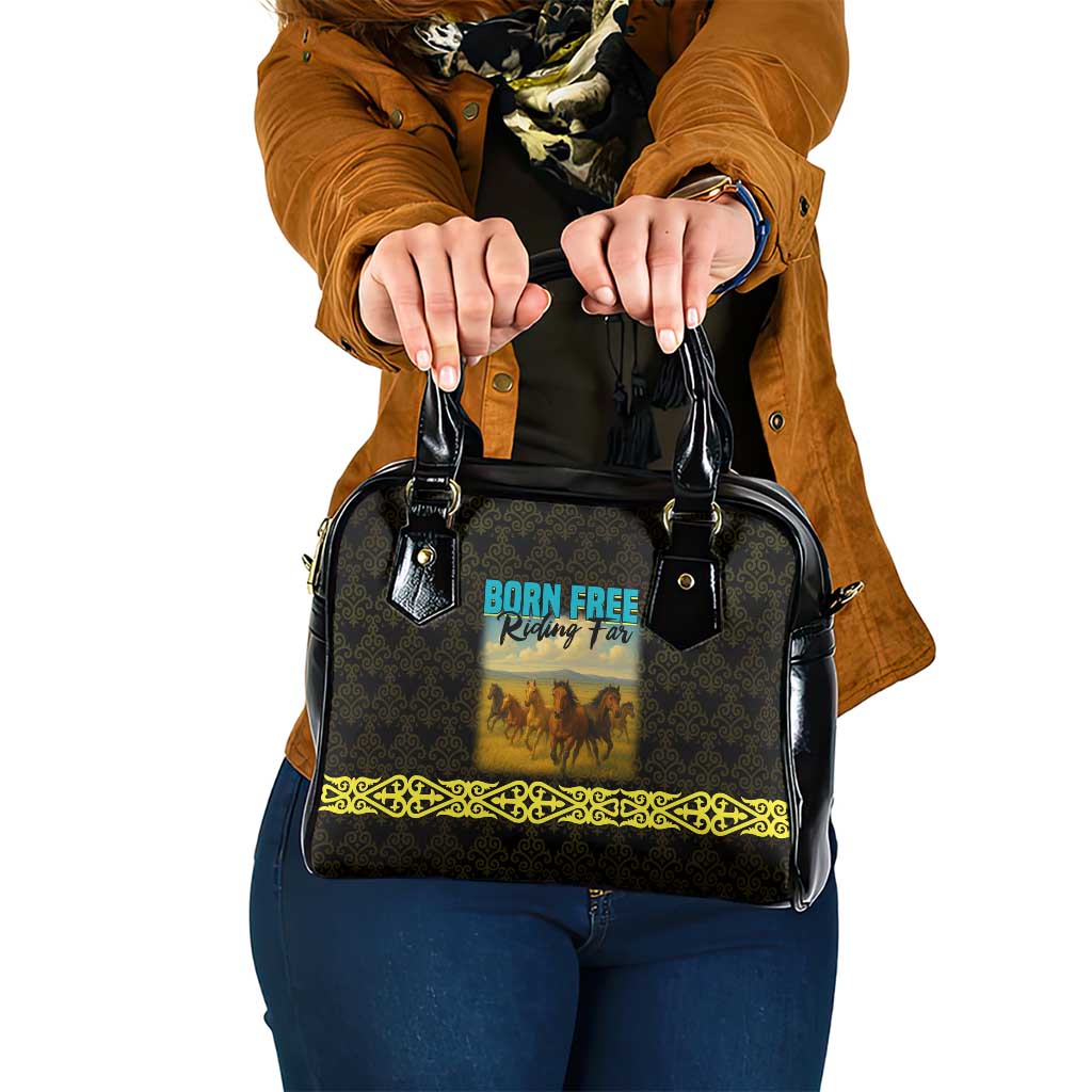 Kazakhstan Born Free Riding Far Shoulder Handbag with Wild Horses and Gold Tribal Pattern on Black