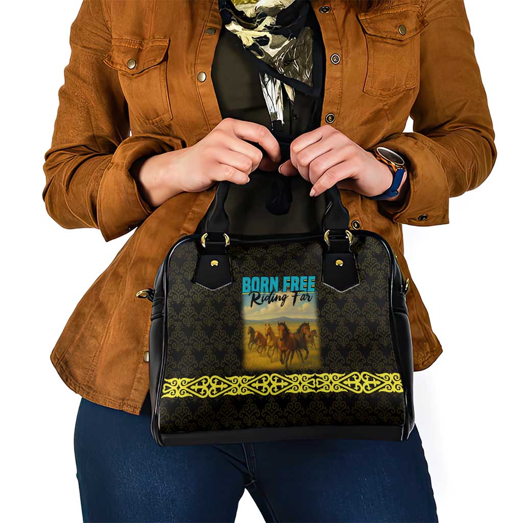 Kazakhstan Born Free Riding Far Shoulder Handbag with Wild Horses and Gold Tribal Pattern on Black