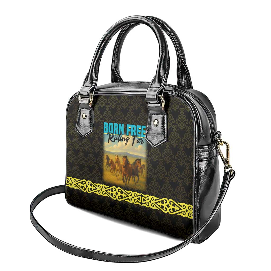 Kazakhstan Born Free Riding Far Shoulder Handbag with Wild Horses and Gold Tribal Pattern on Black