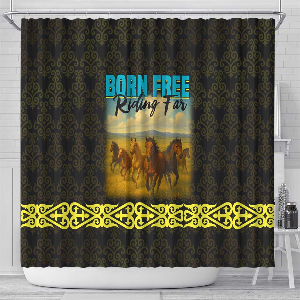 Kazakhstan Born Free Riding Far Shower Curtain with Wild Horses and Gold Tribal Pattern on Black