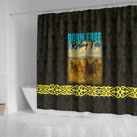 Kazakhstan Born Free Riding Far Shower Curtain with Wild Horses and Gold Tribal Pattern on Black
