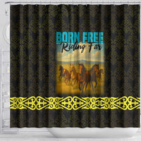 Kazakhstan Born Free Riding Far Shower Curtain with Wild Horses and Gold Tribal Pattern on Black