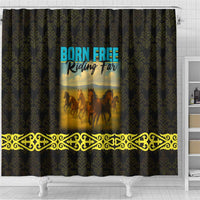 Kazakhstan Born Free Riding Far Shower Curtain with Wild Horses and Gold Tribal Pattern on Black
