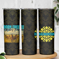 Kazakhstan Born Free Riding Far Skinny Tumbler with Wild Horses and Gold Tribal Pattern on Black
