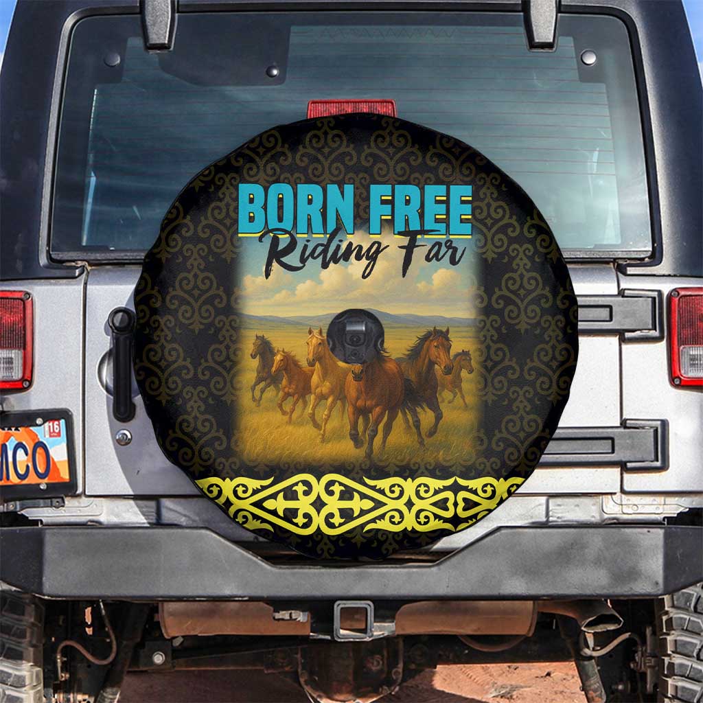 Kazakhstan Born Free Riding Far Spare Tire Cover with Wild Horses and Gold Tribal Pattern on Black