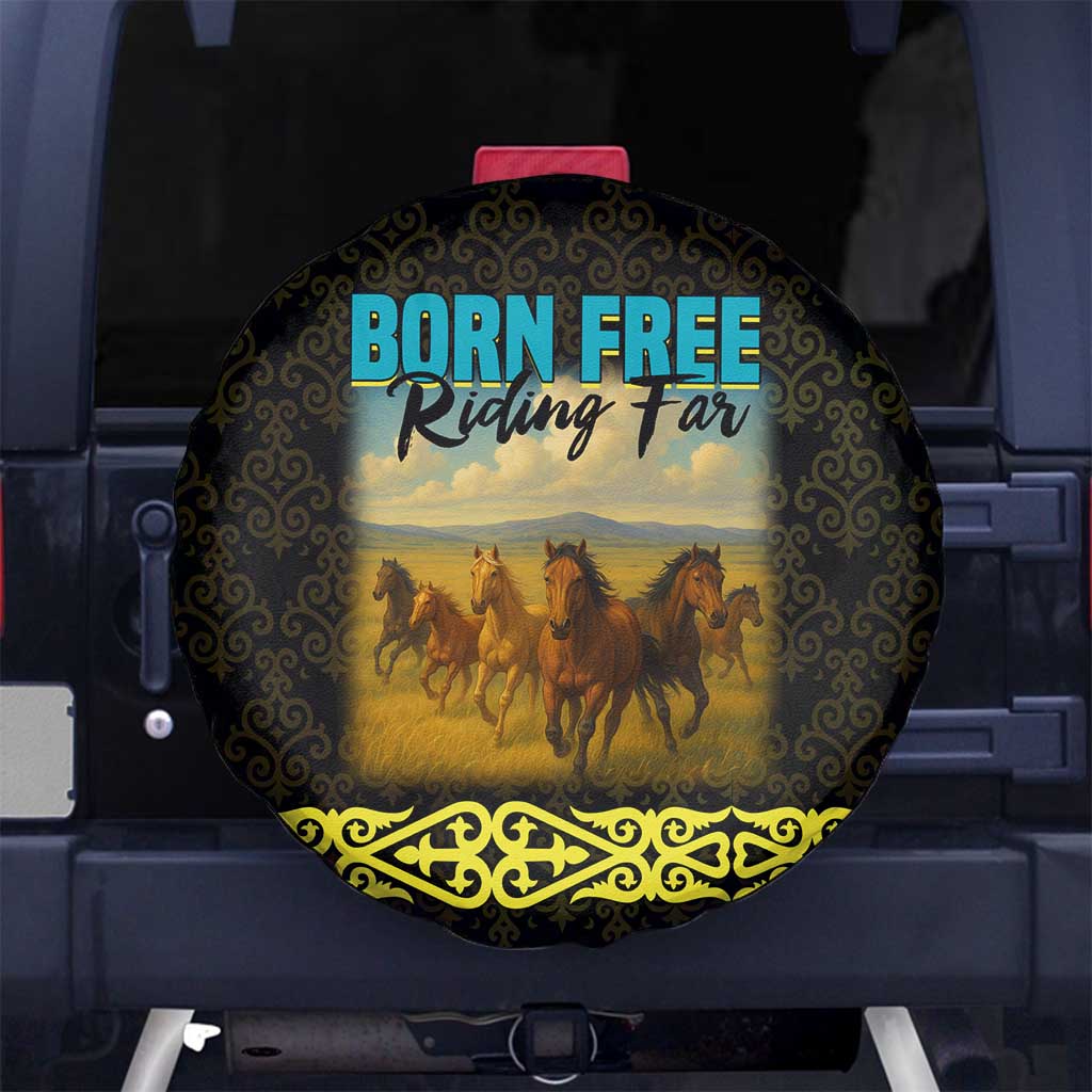 Kazakhstan Born Free Riding Far Spare Tire Cover with Wild Horses and Gold Tribal Pattern on Black