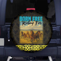 Kazakhstan Born Free Riding Far Spare Tire Cover with Wild Horses and Gold Tribal Pattern on Black