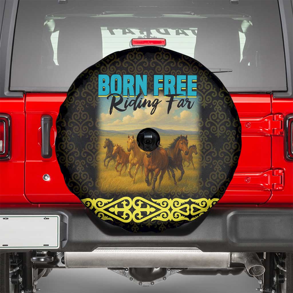 Kazakhstan Born Free Riding Far Spare Tire Cover with Wild Horses and Gold Tribal Pattern on Black