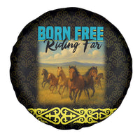 Kazakhstan Born Free Riding Far Spare Tire Cover with Wild Horses and Gold Tribal Pattern on Black