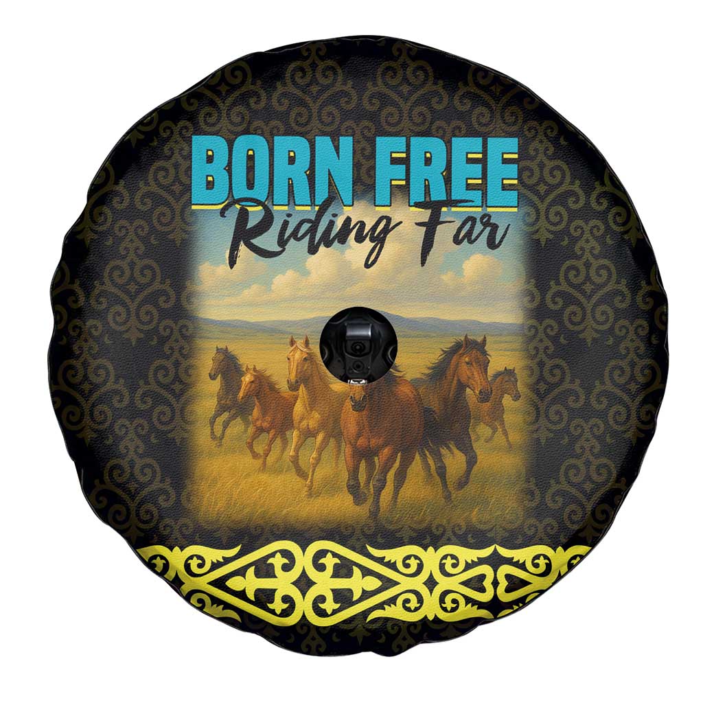 Kazakhstan Born Free Riding Far Spare Tire Cover with Wild Horses and Gold Tribal Pattern on Black
