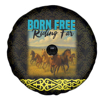 Kazakhstan Born Free Riding Far Spare Tire Cover with Wild Horses and Gold Tribal Pattern on Black