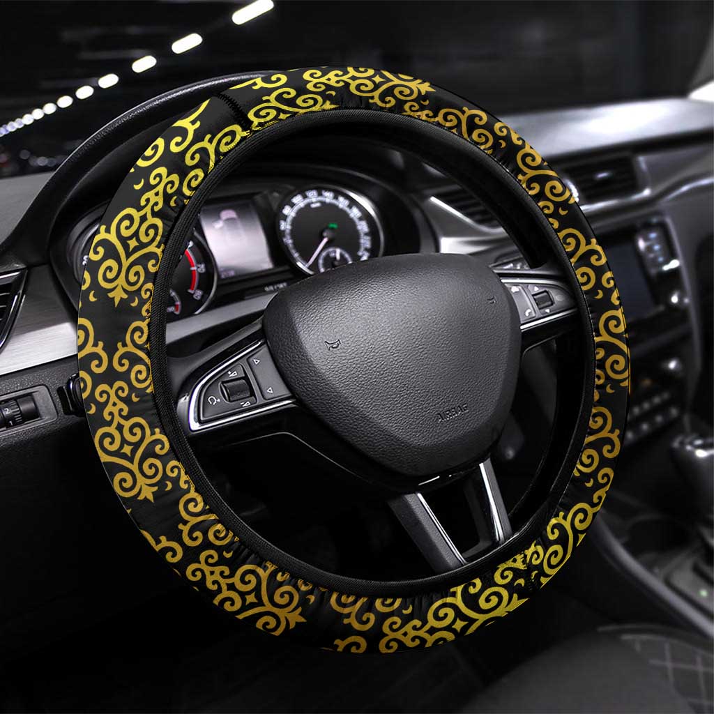 Kazakhstan Born Free Riding Far Steering Wheel Cover with Wild Horses and Gold Tribal Pattern on Black