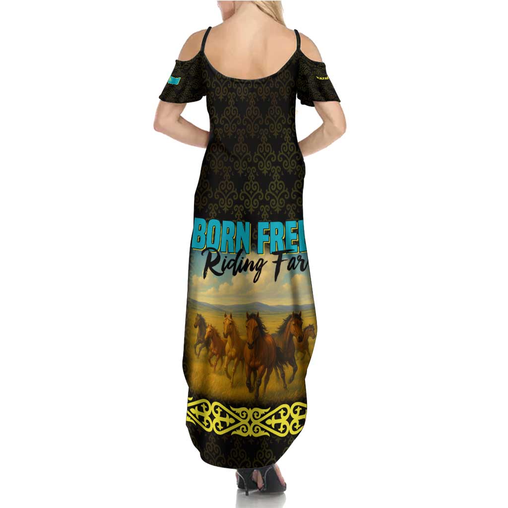 Kazakhstan Born Free Riding Far Summer Maxi Dress with Wild Horses and Gold Tribal Pattern on Black