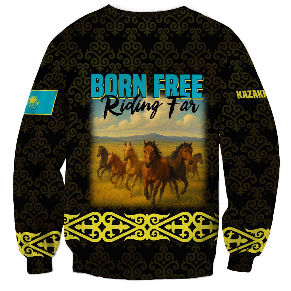 Kazakhstan Born Free Riding Far Sweatshirt with Wild Horses and Gold Tribal Pattern on Black