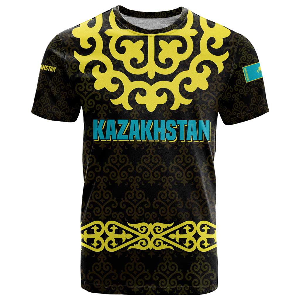 Kazakhstan Born Free Riding Far T Shirt with Wild Horses and Gold Tribal Pattern on Black