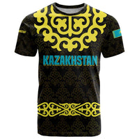 Kazakhstan Born Free Riding Far T Shirt with Wild Horses and Gold Tribal Pattern on Black