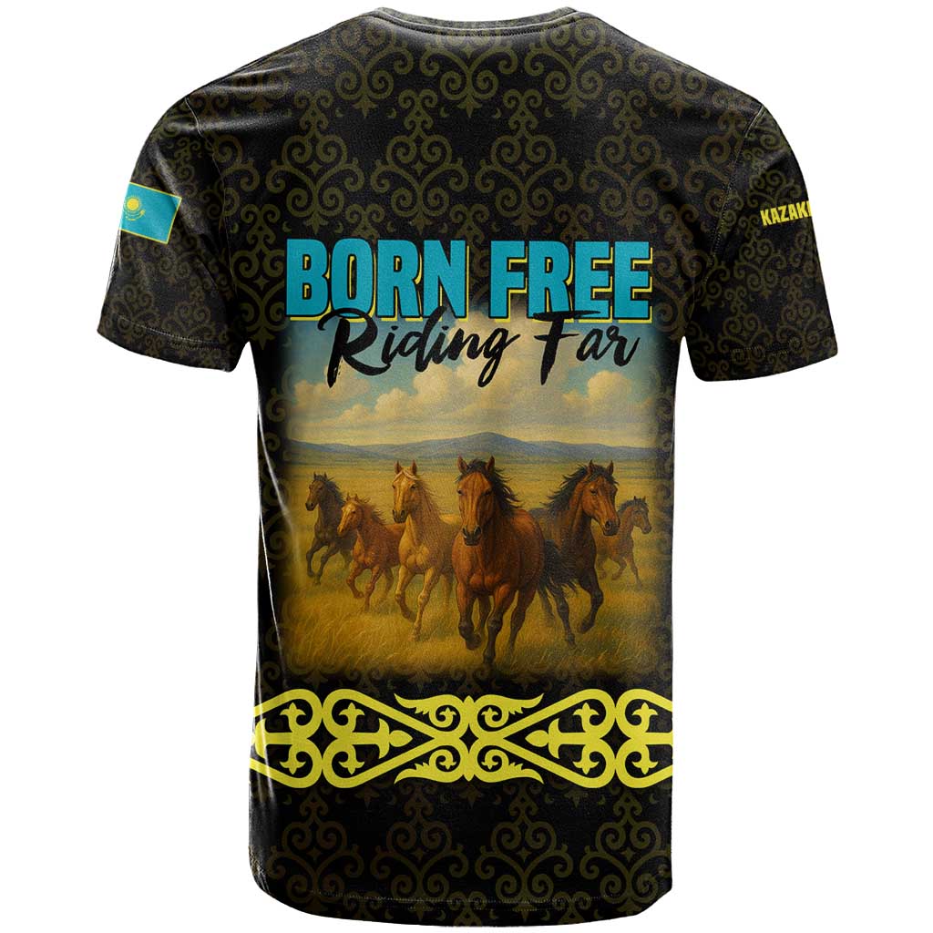 Kazakhstan Born Free Riding Far T Shirt with Wild Horses and Gold Tribal Pattern on Black