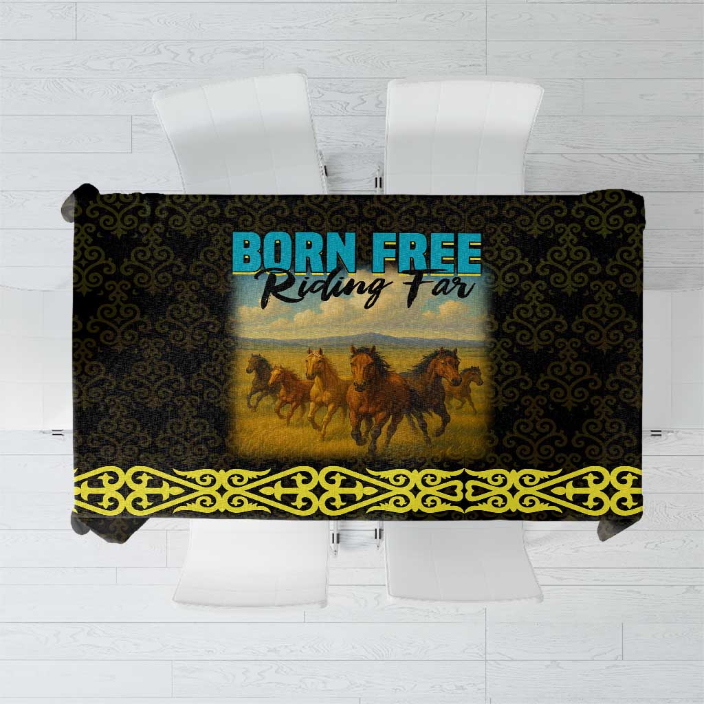 Kazakhstan Born Free Riding Far Tablecloth with Wild Horses and Gold Tribal Pattern on Black