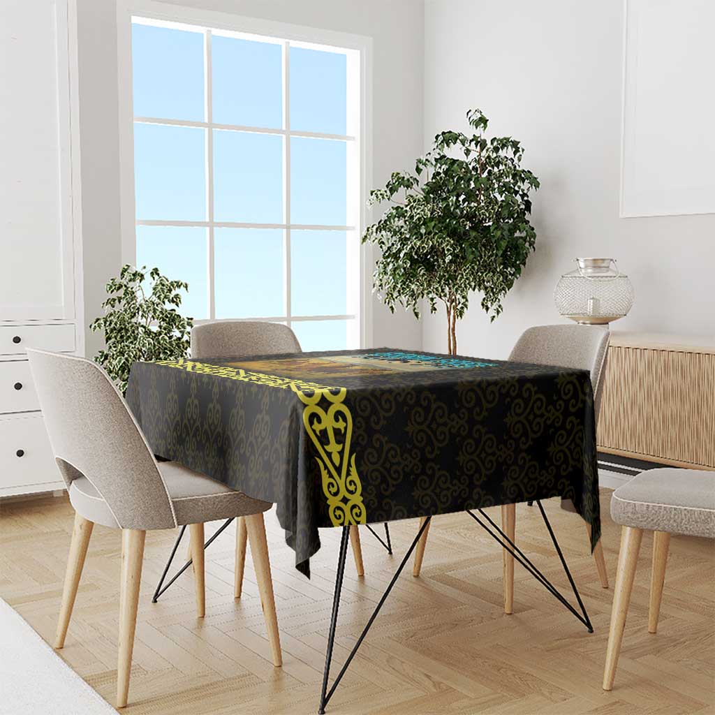 Kazakhstan Born Free Riding Far Tablecloth with Wild Horses and Gold Tribal Pattern on Black