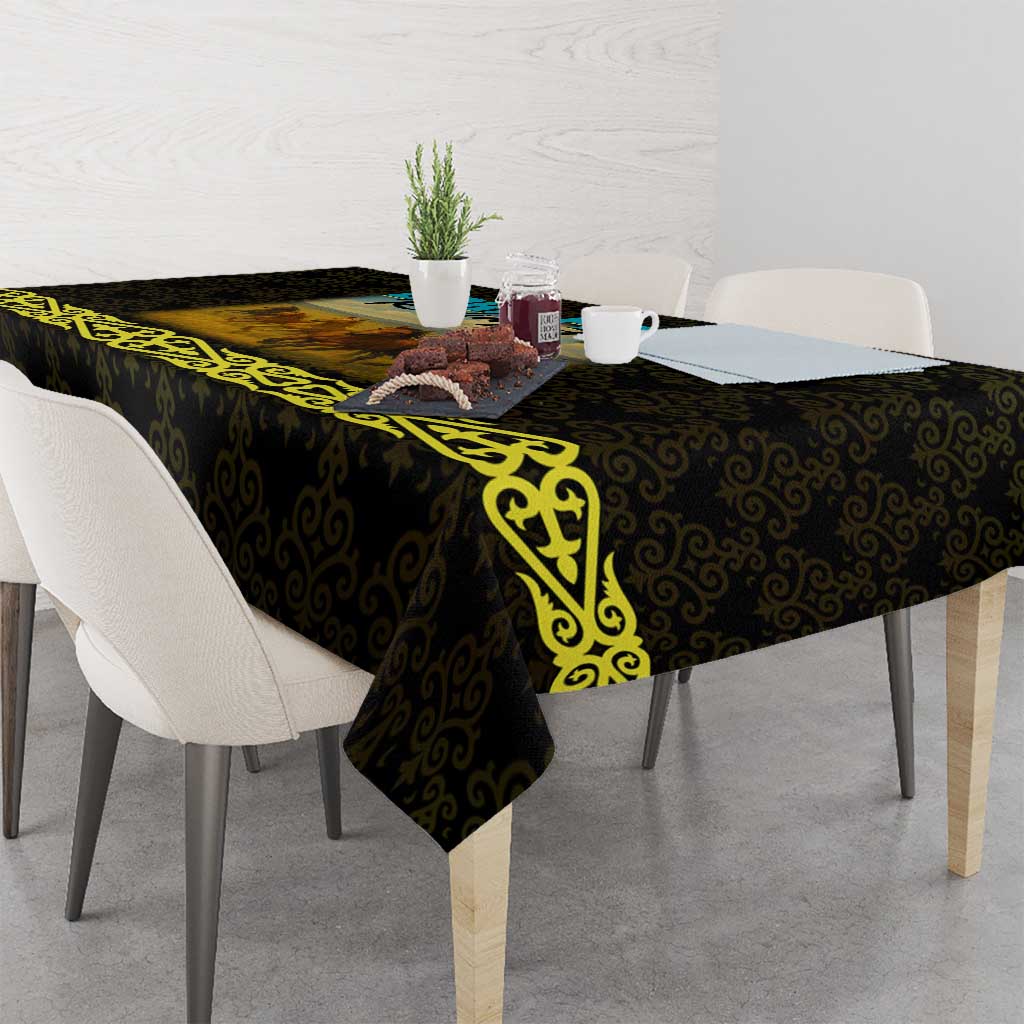 Kazakhstan Born Free Riding Far Tablecloth with Wild Horses and Gold Tribal Pattern on Black