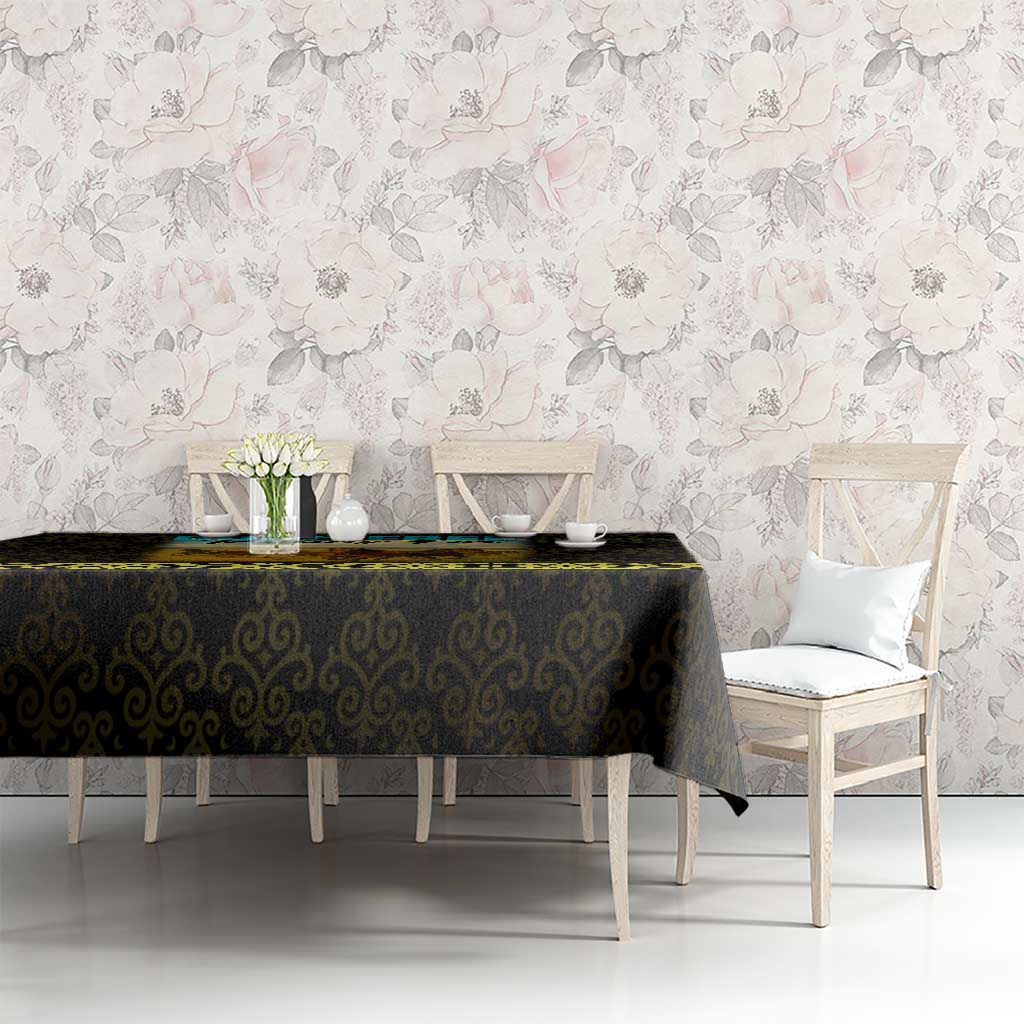 Kazakhstan Born Free Riding Far Tablecloth with Wild Horses and Gold Tribal Pattern on Black