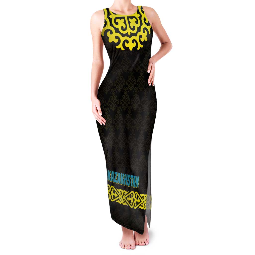 Kazakhstan Born Free Riding Far Tank Maxi Dress with Wild Horses and Gold Tribal Pattern on Black