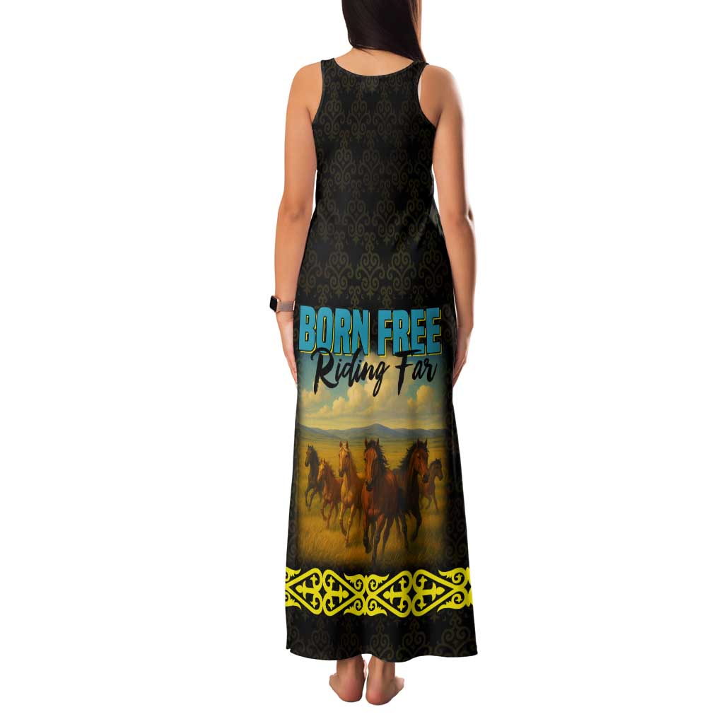 Kazakhstan Born Free Riding Far Tank Maxi Dress with Wild Horses and Gold Tribal Pattern on Black