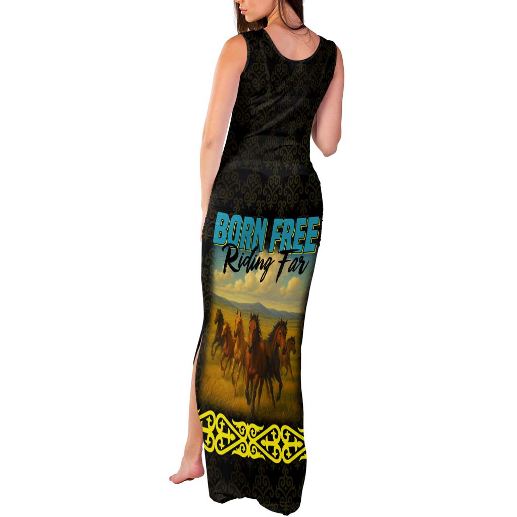 Kazakhstan Born Free Riding Far Tank Maxi Dress with Wild Horses and Gold Tribal Pattern on Black