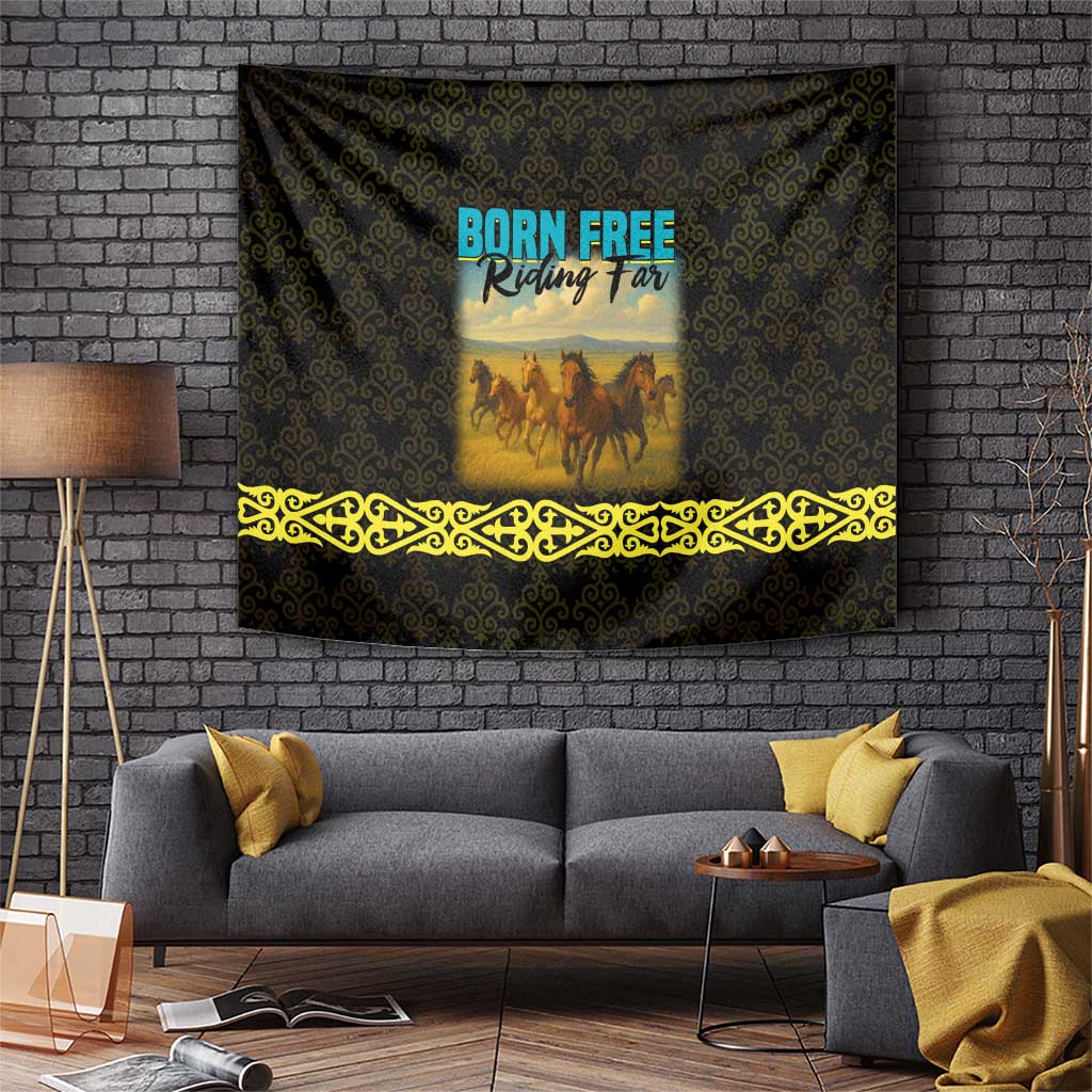 Kazakhstan Born Free Riding Far Tapestry with Wild Horses and Gold Tribal Pattern on Black