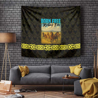 Kazakhstan Born Free Riding Far Tapestry with Wild Horses and Gold Tribal Pattern on Black