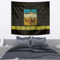 Kazakhstan Born Free Riding Far Tapestry with Wild Horses and Gold Tribal Pattern on Black