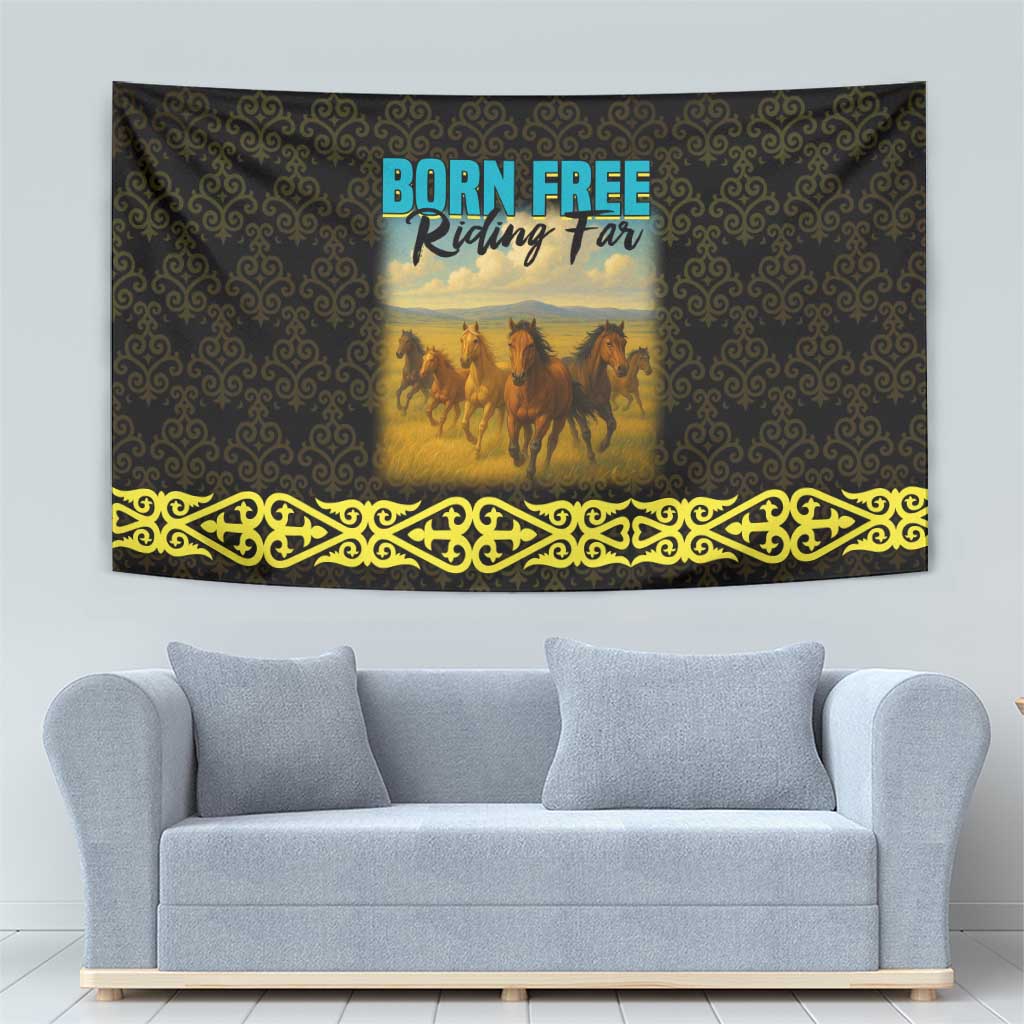 Kazakhstan Born Free Riding Far Tapestry with Wild Horses and Gold Tribal Pattern on Black