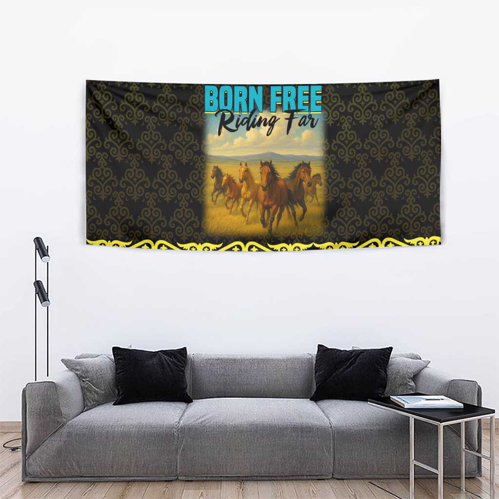 Kazakhstan Born Free Riding Far Tapestry with Wild Horses and Gold Tribal Pattern on Black