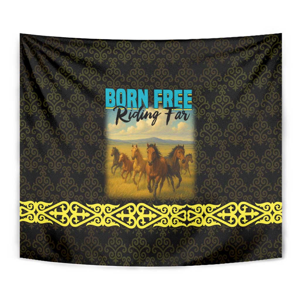 Kazakhstan Born Free Riding Far Tapestry with Wild Horses and Gold Tribal Pattern on Black