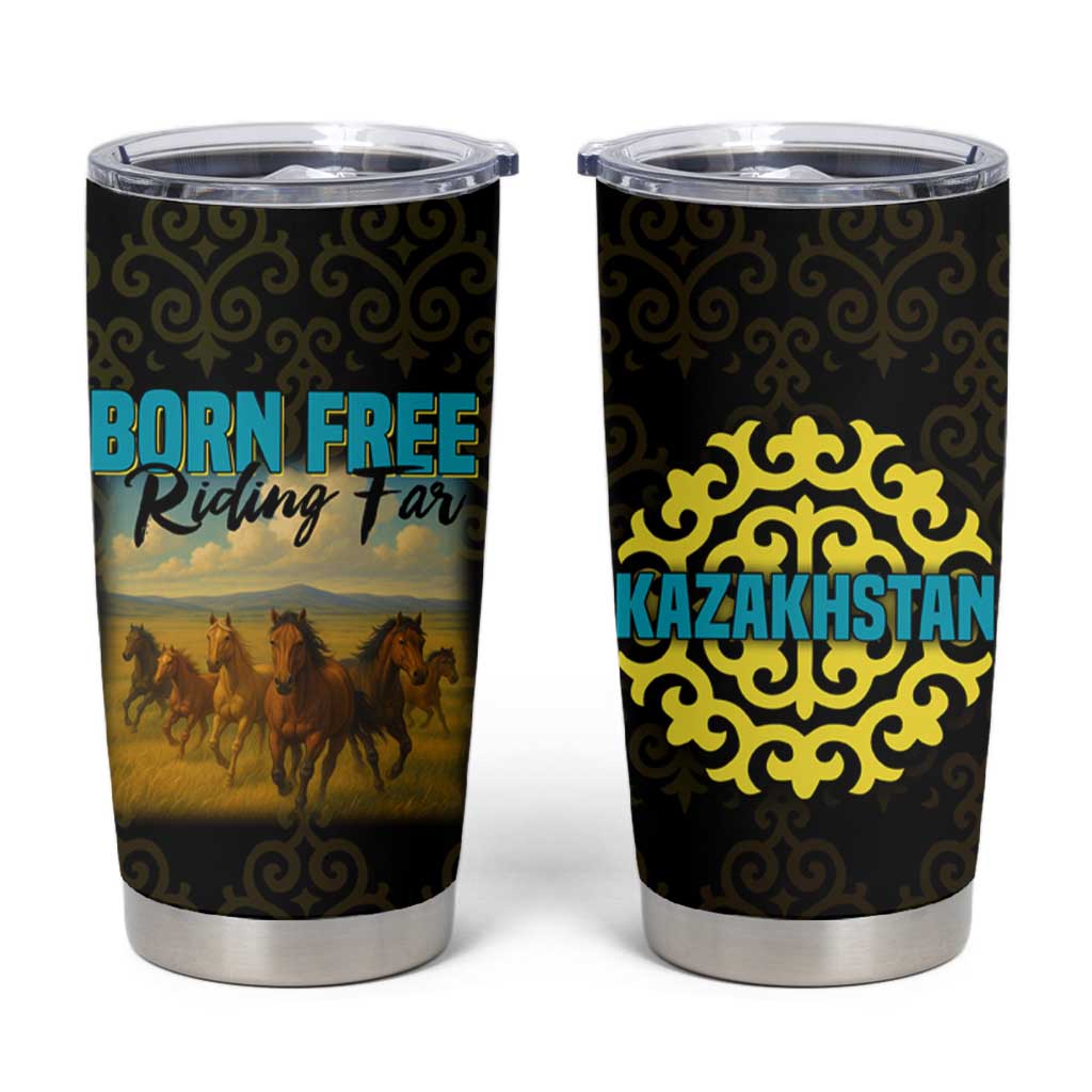 Kazakhstan Born Free Riding Far Tumbler Cup with Wild Horses and Gold Tribal Pattern on Black